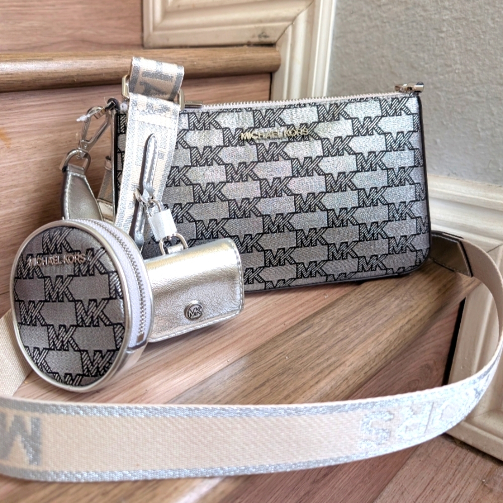 NWT Michael Kors Jet Set Metallic Logo Jacquard Crossbody Bag W/Case for Airpod